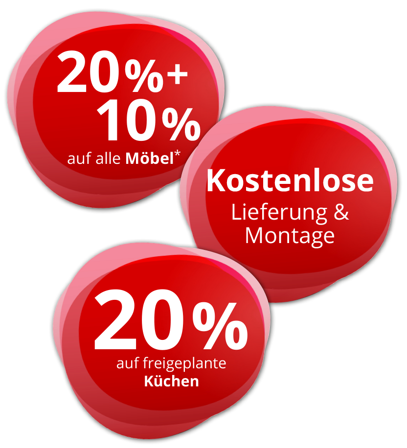 Bei Möbel Hartwig erhalten Sie einmalige Vorteile: Sichern Sie sich jetzt 20% + 10% Rabatt auf alle Möbel, 20% Rabatt auf freigeplante Küchen + Kostenlose Lieferung und Montage!
